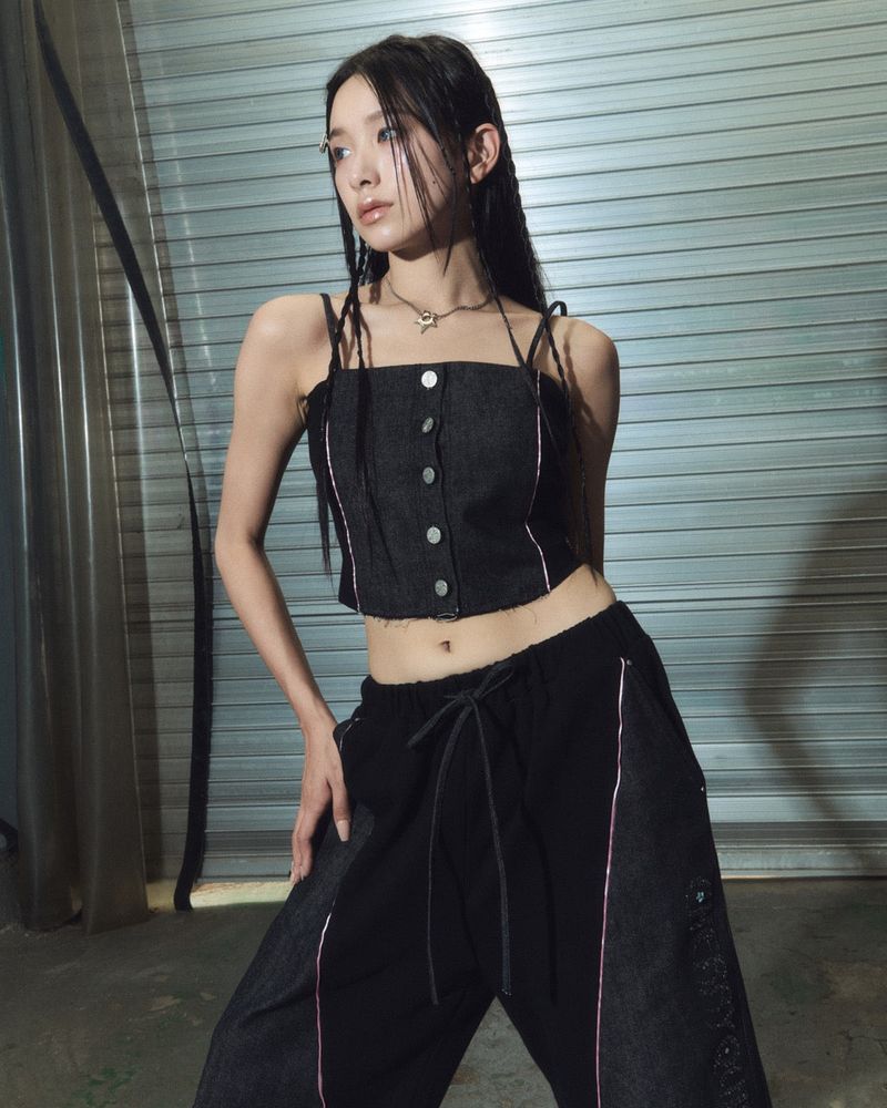 denim combi top - black