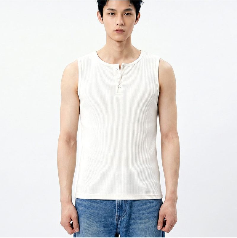Ribbed Henley-Neck Sleeveless Top White