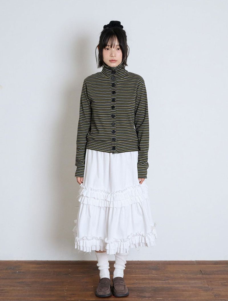 STRIPED HIGH NECK BUTTON CARDIGAN - OLIVE