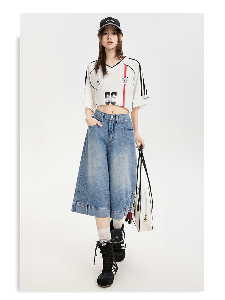 Reversed Detail Wide Denim Bermuda Pants