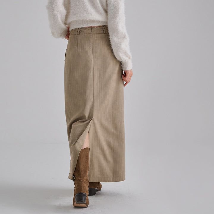 [made/4size] [Soan] Rivet Pintuck Stripe H-Line Slit Long Skirt -3color