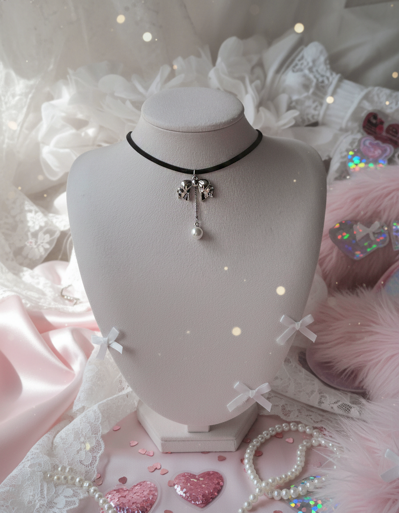 [IVE Wonyoung Necklace] Romantic bow and pearl drop choker - Silver Color