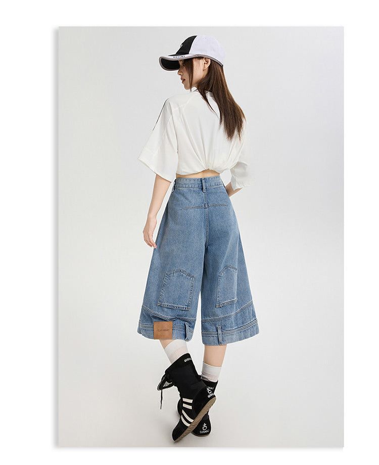 Reversed Detail Wide Denim Bermuda Pants