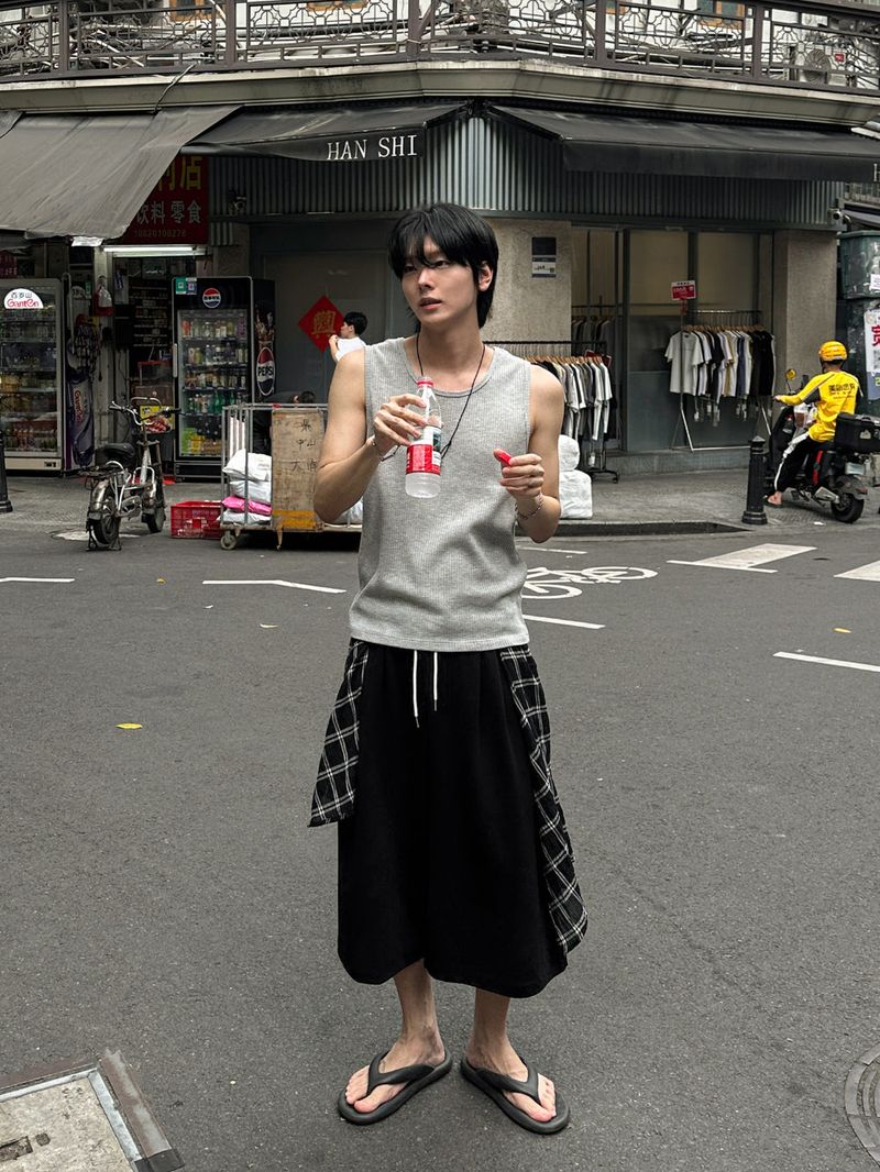 Ciel Check Shirt Layered Bermuda Pants