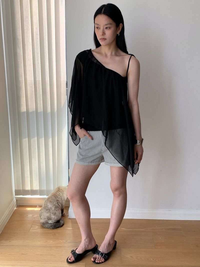 unbalanced chiffon see-through frill blouse