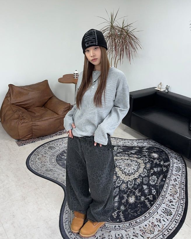 Tove Waffle Henley Neck Long Sleeve Tee