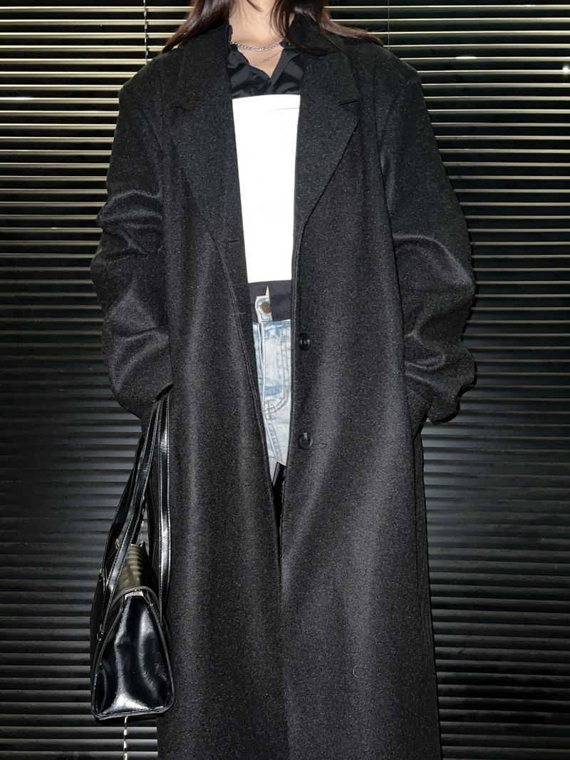 [UNISEX] Wool back button maxi long coat (Black)