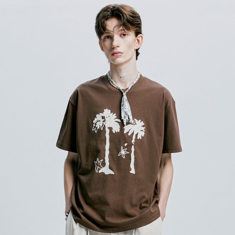 palm tree & eyelet chain needlework t-shirt brown