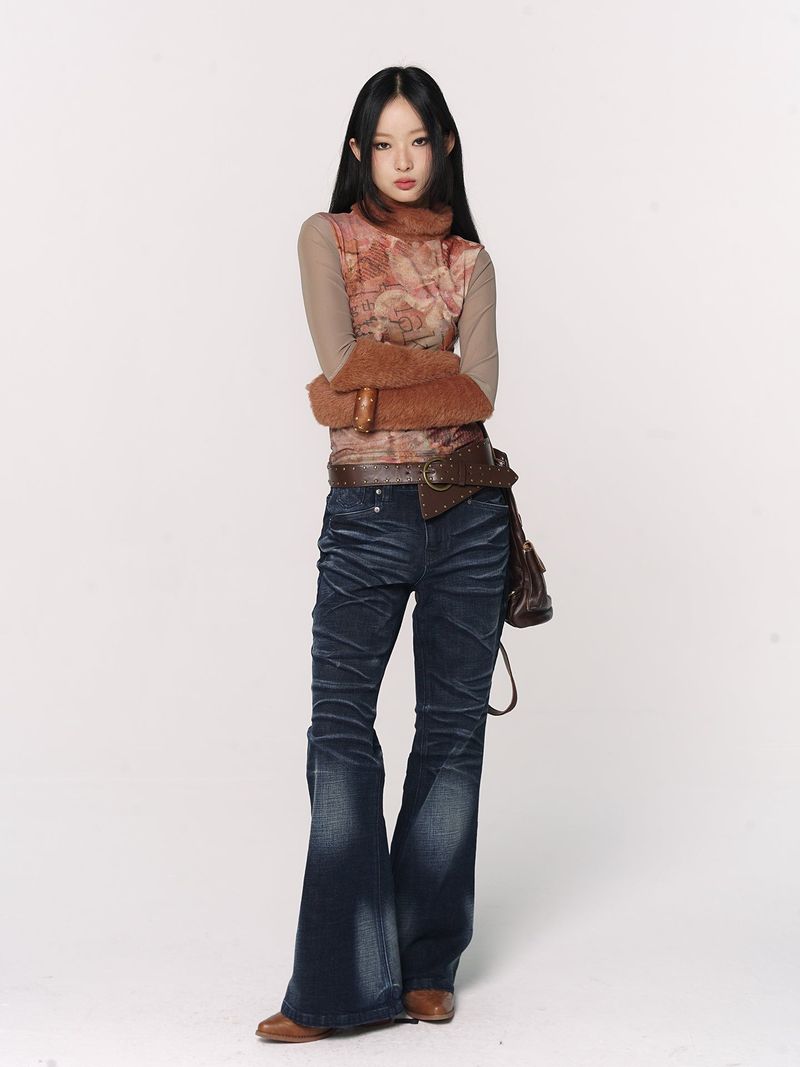 CONFUN original floral orange printed fur patchwork high-neck mesh base