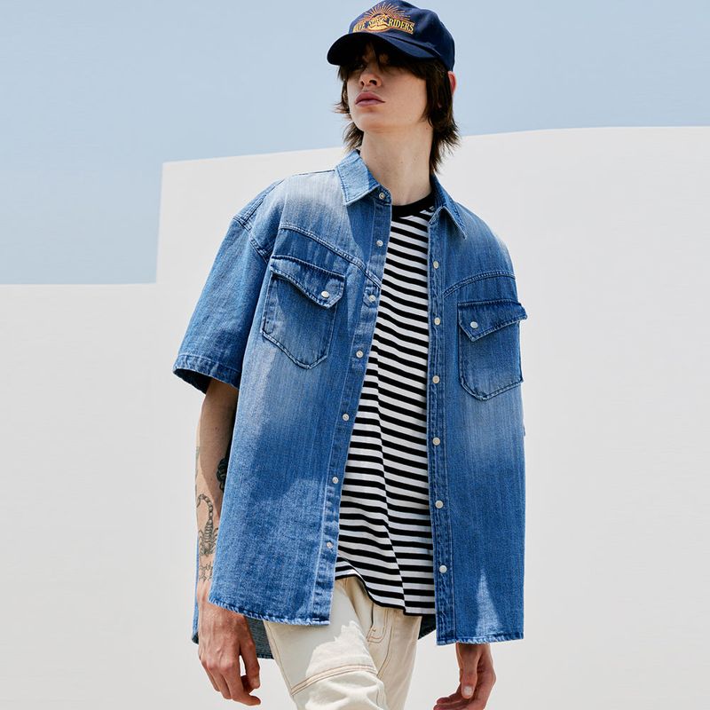 WASHED DENIM WESTERN SHIRT BLUE