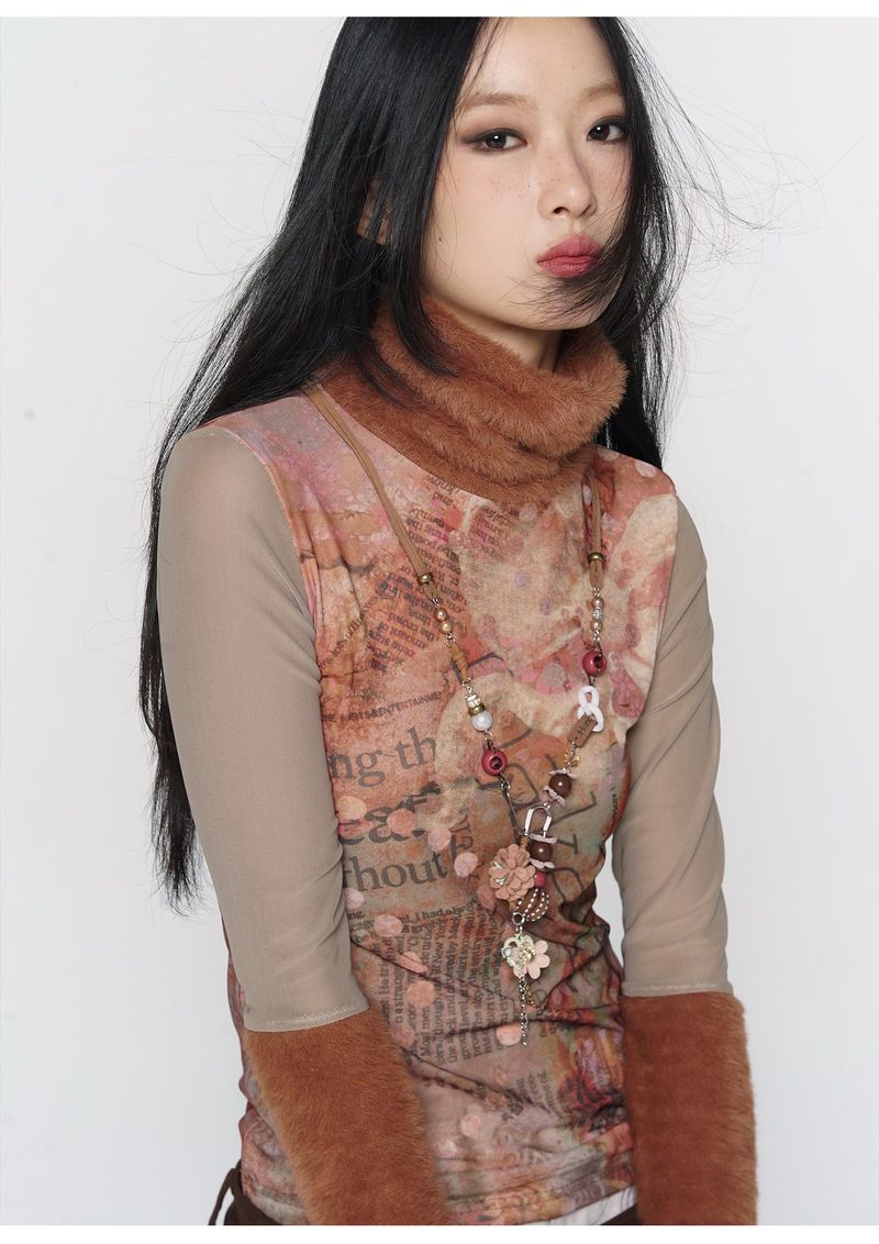 CONFUN original floral orange printed fur patchwork high-neck mesh base
