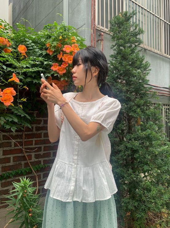 Roden Frill Cotton Balloon Short Sleeve Blouse