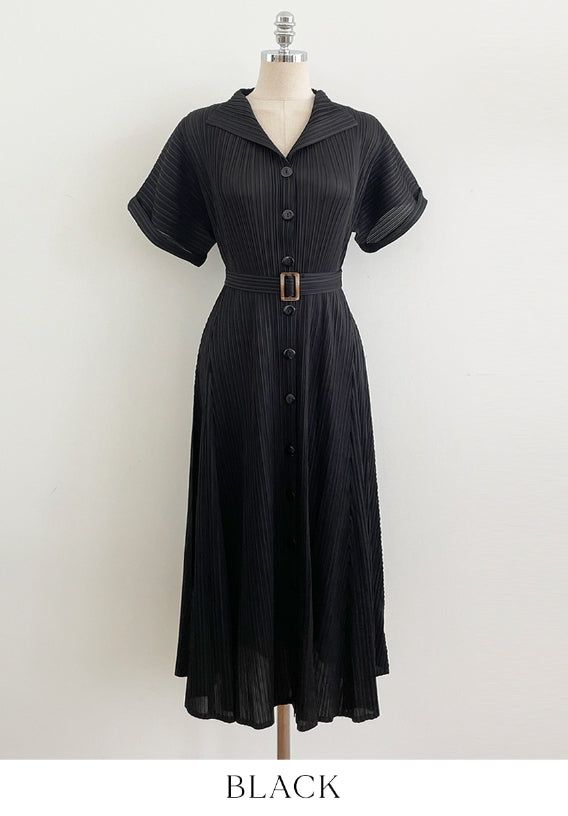 Oleun Pleated Long One Piece (Belt Set)