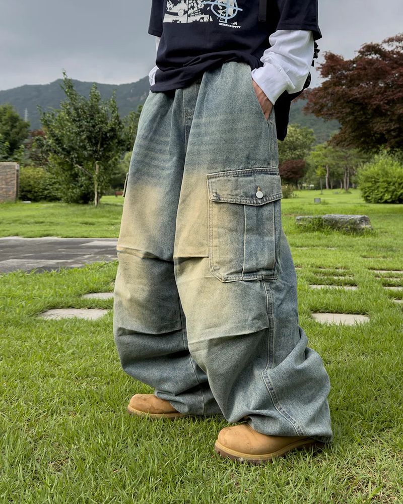 Bern diagonal cargo wide denim pants
