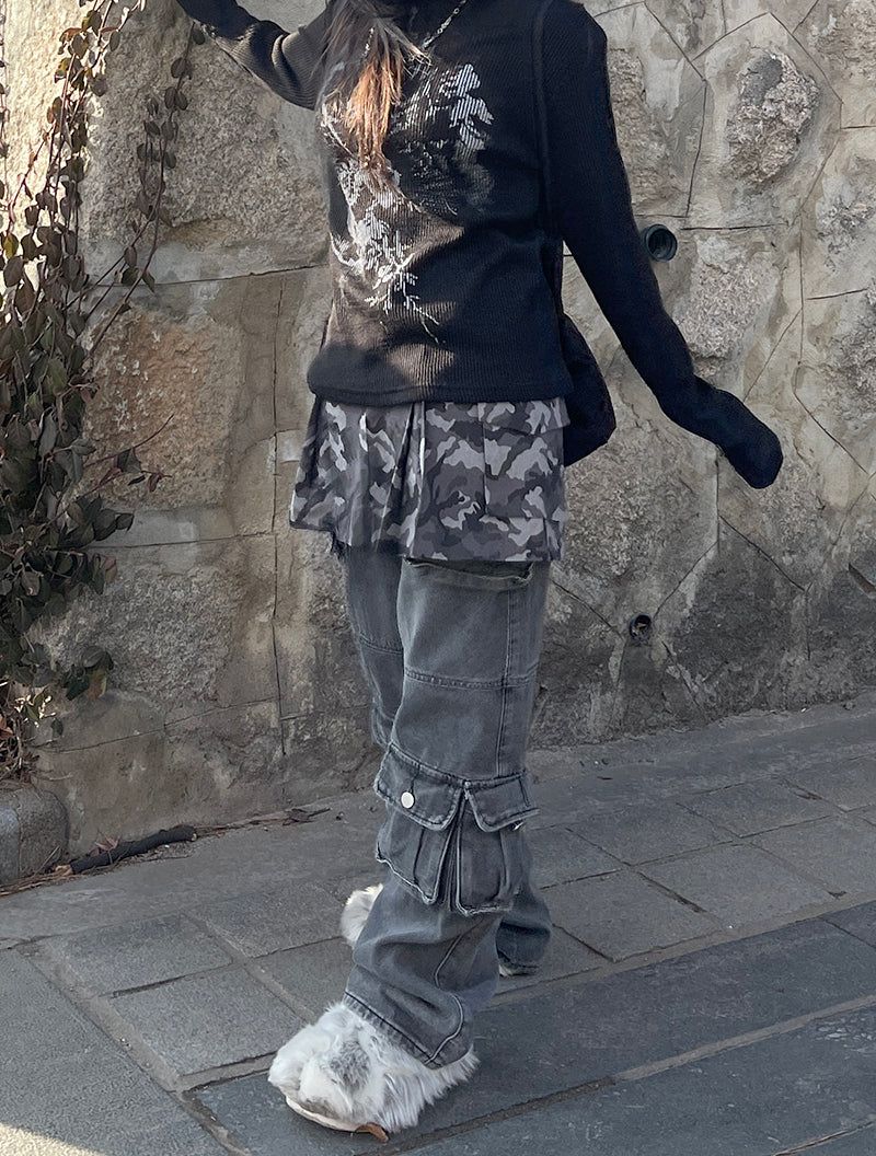 Pocket Camo Pleats Skirt