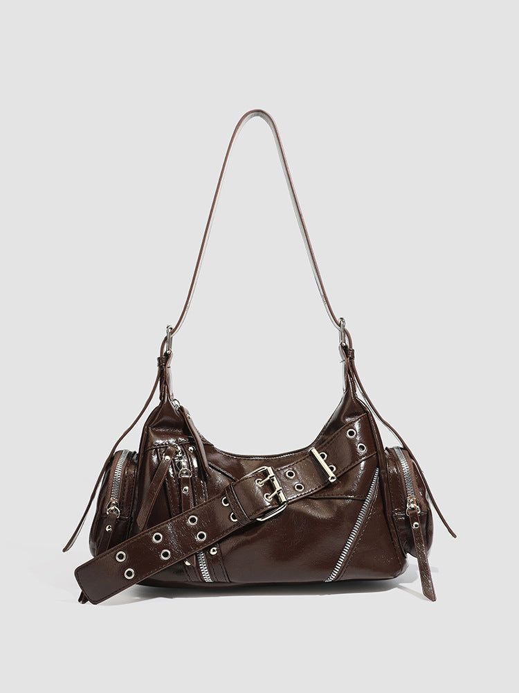 Studded Waxed Leather Motorcycle Shoulder Bag