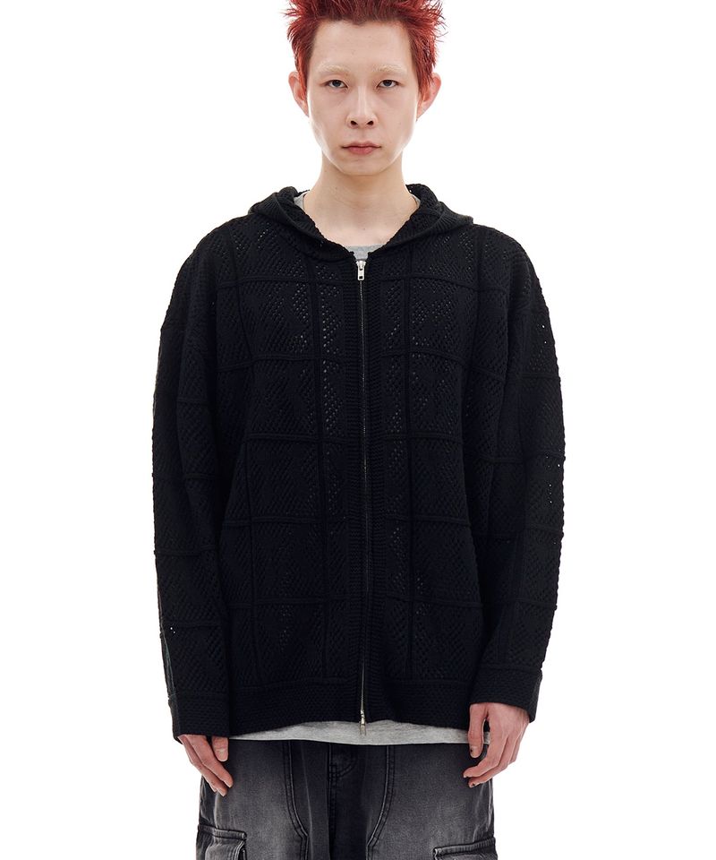 ARCHIVE BOLD（アーカイブボールド）の「NET KNIT HOOD ZIP-UP (BLACK)（Tops）」
