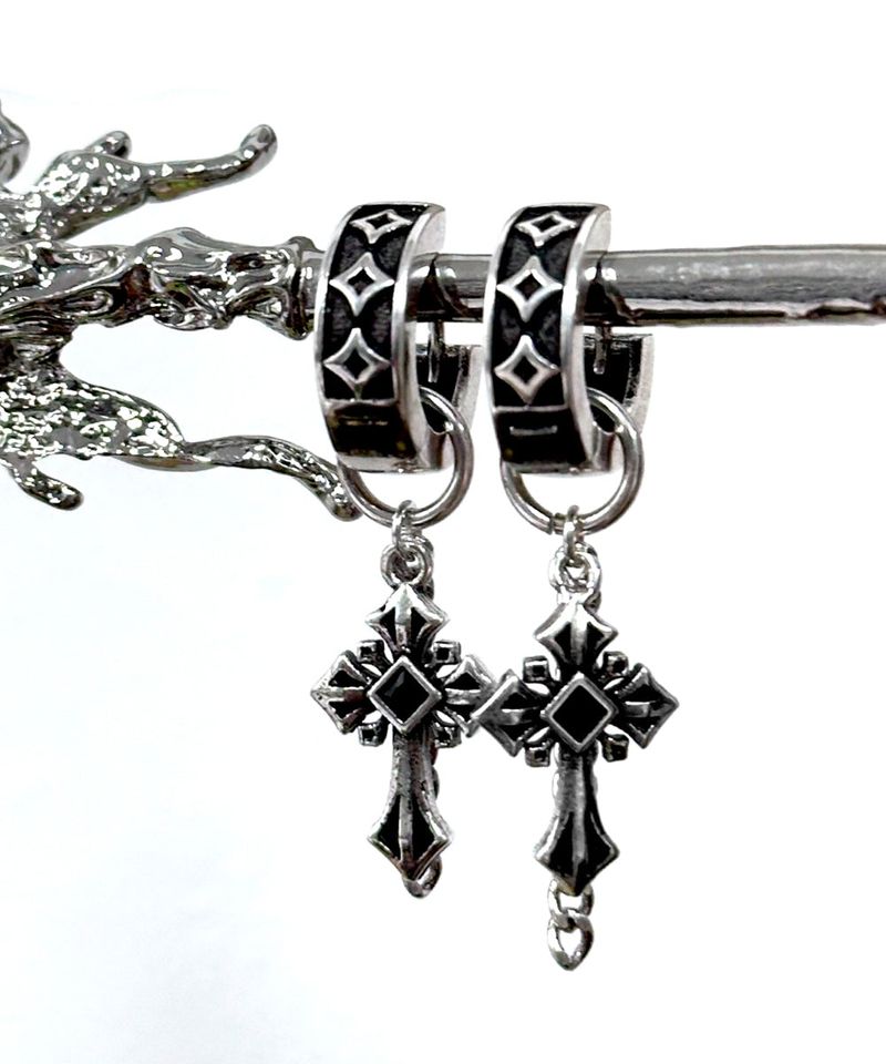 Antique Black Cross Chain One-Touch Earrings