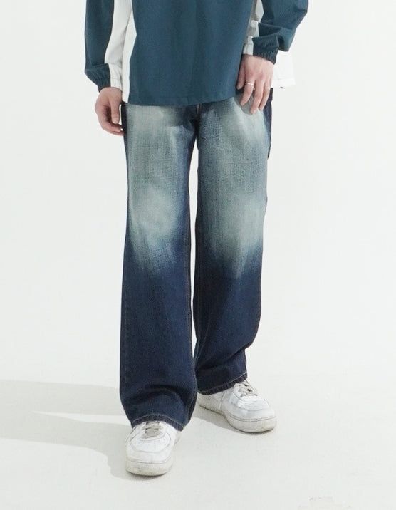 Deep Indigo Washing Semi Wide Denim Pants