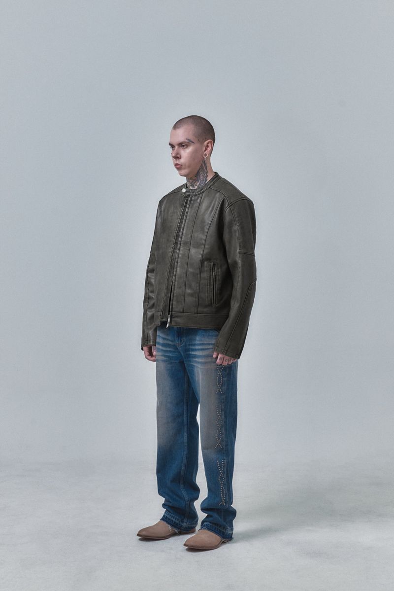 BIKER WASHING LEATHER JAKET L1 (KHAKI)