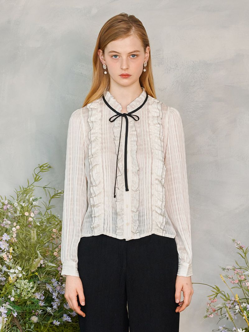 Frill Shirring Ribbon Blouse