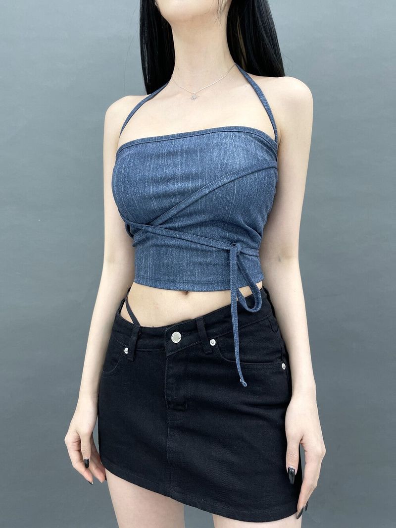 802. Denim free strap top (3color)