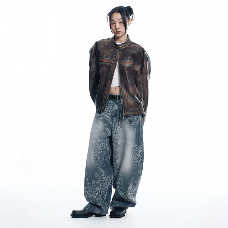 Sun Patch Leopard Balloon Denim Pants - BLACK