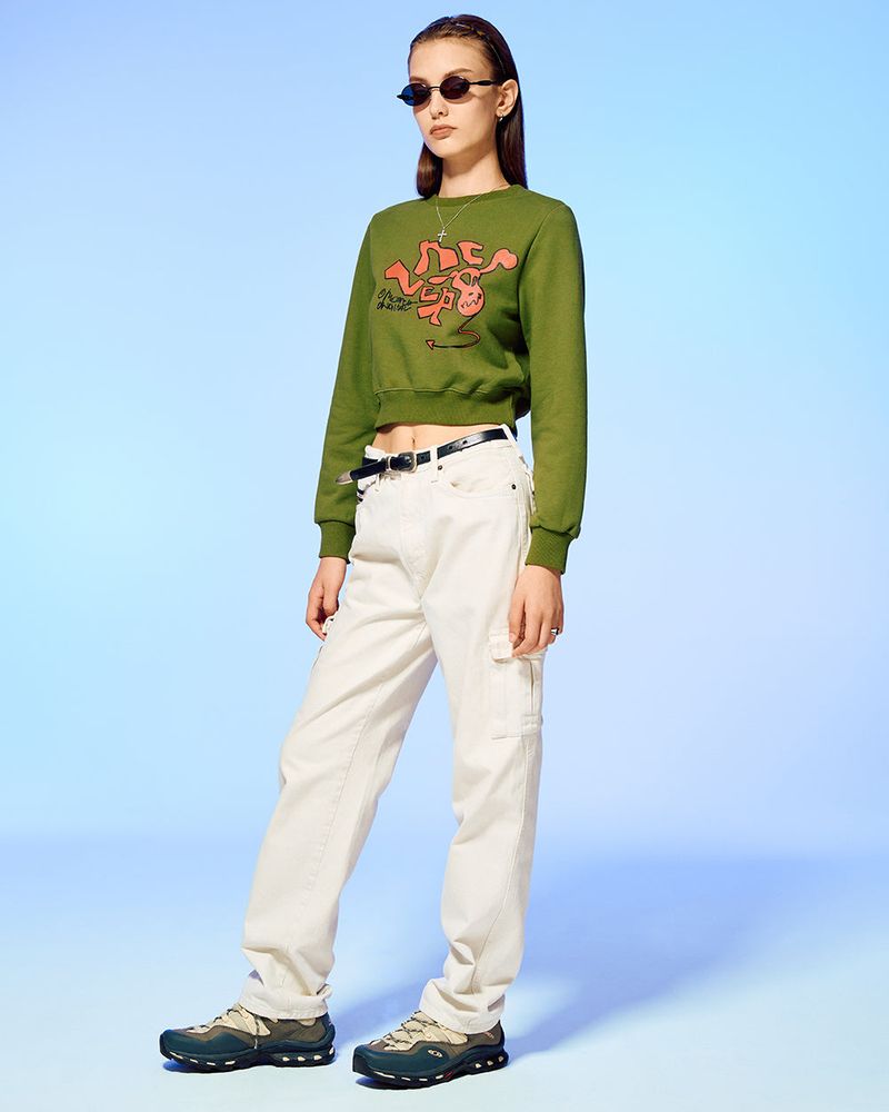DEVIL HEAD LOGO CROP SWEATSHIRT-OLIVE
