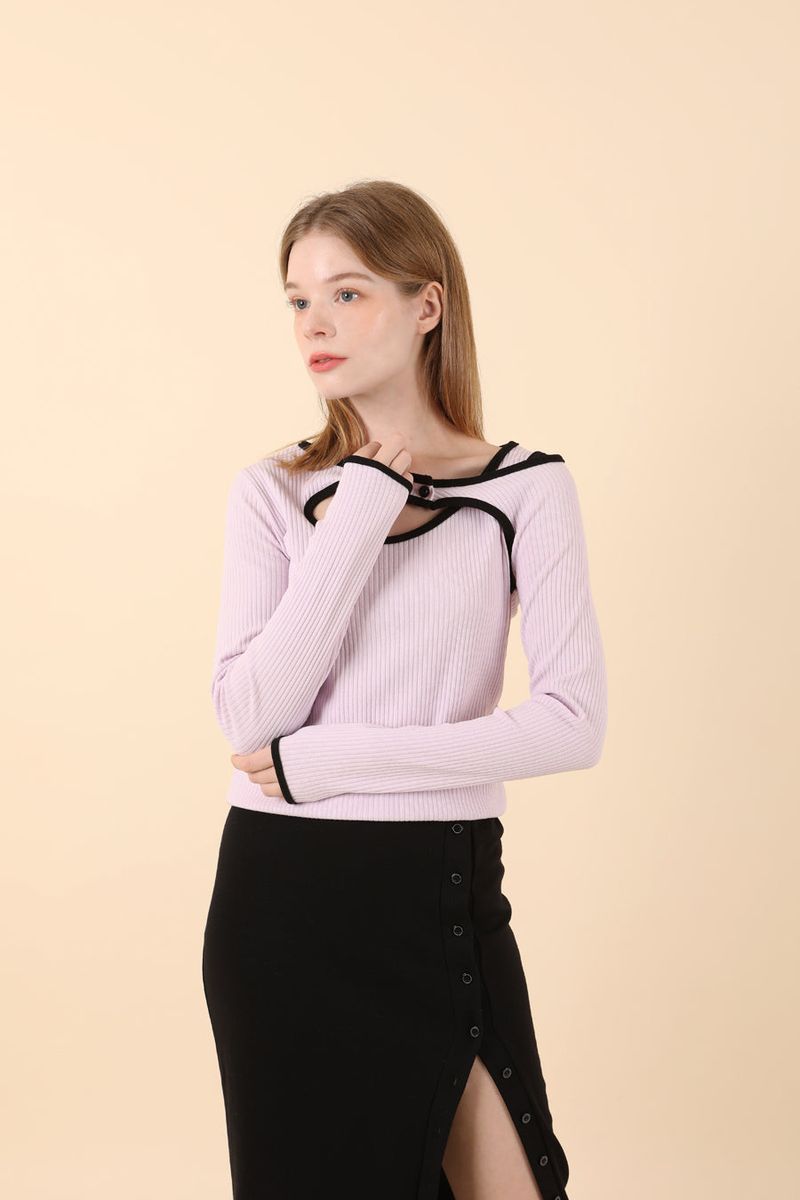 Line Contrast Slim T-shirt Purple