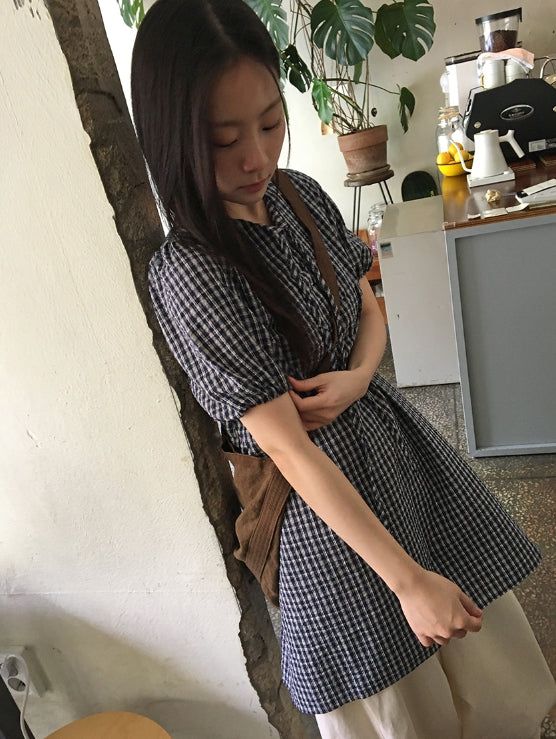 Zimo Check Button Puff Short Sleeve One Piece