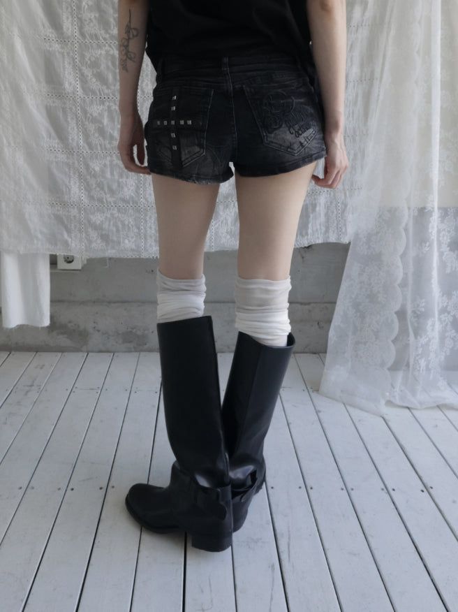 Deconlow studded black denim shorts