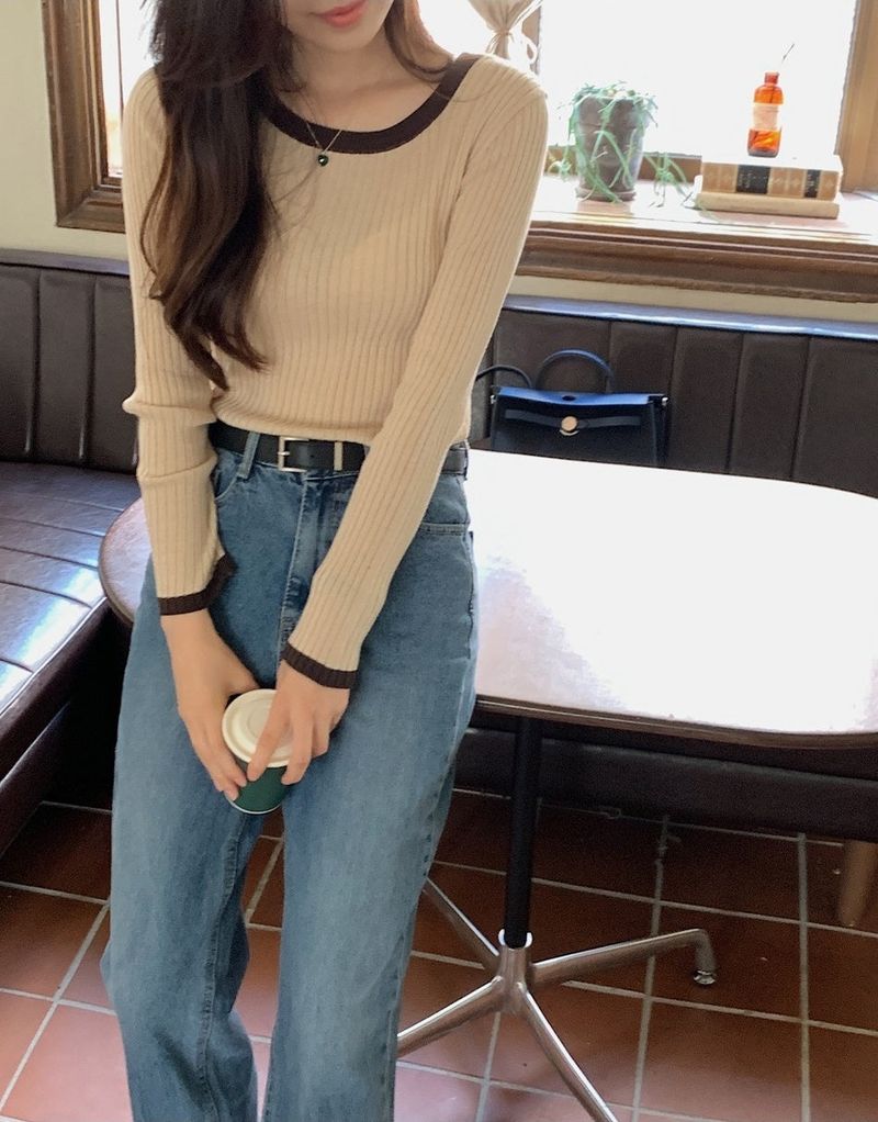 Slim Two Tone U-neck Rib Knit (6color)