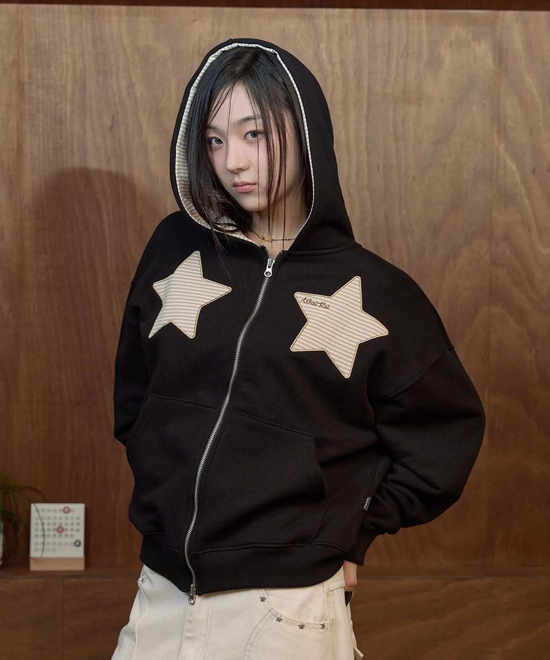 Stripe Star Applique Hood Zip Up