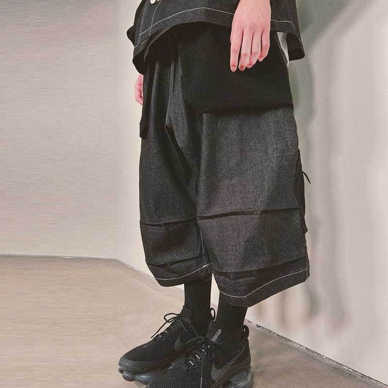 reverse terry pocket denim capri shorts_black