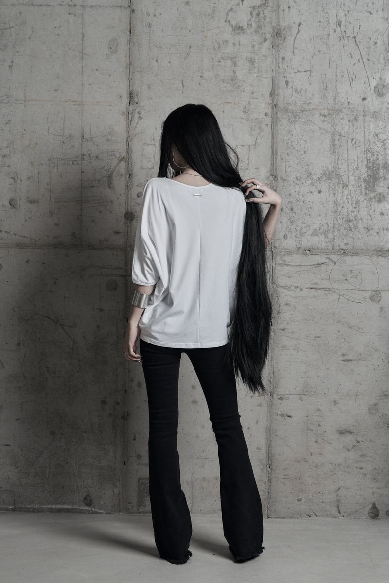 [label] metal button loose drape top WHITE