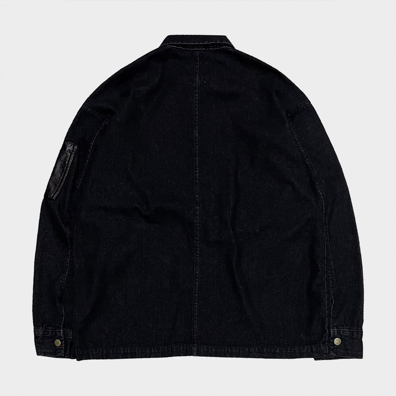faux leather mix denim shirt_black