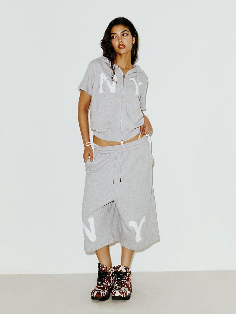 NY APLIQUE SS HOOD ZIP UP GREY