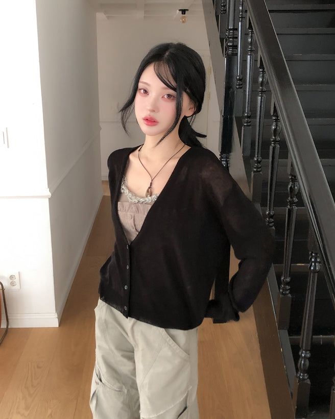 Dearly See-through Deep V-neck Cardigan