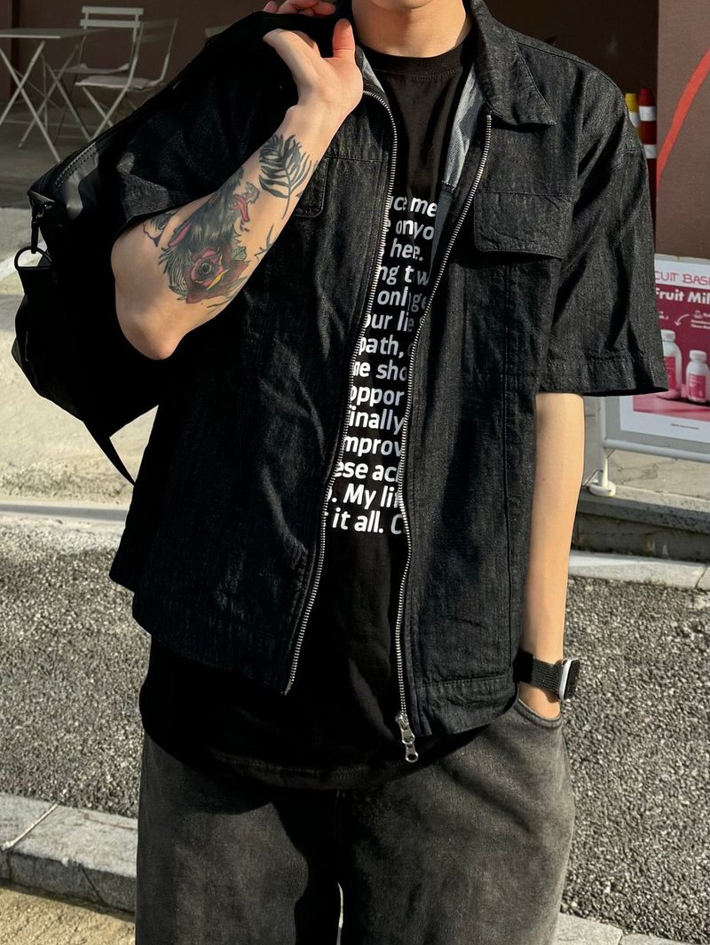 Two way denim short sleeve zip-up jacket 2C
