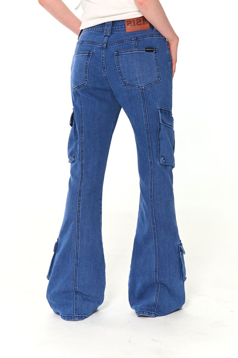 CARGO BOOTS CUT DENIM PANTS (BLUE)