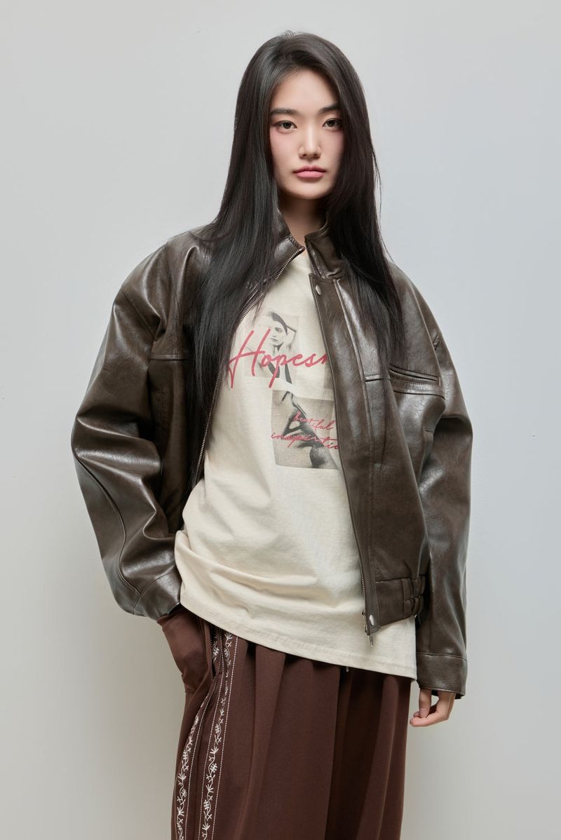 High-neck Leather Jacket_Brown