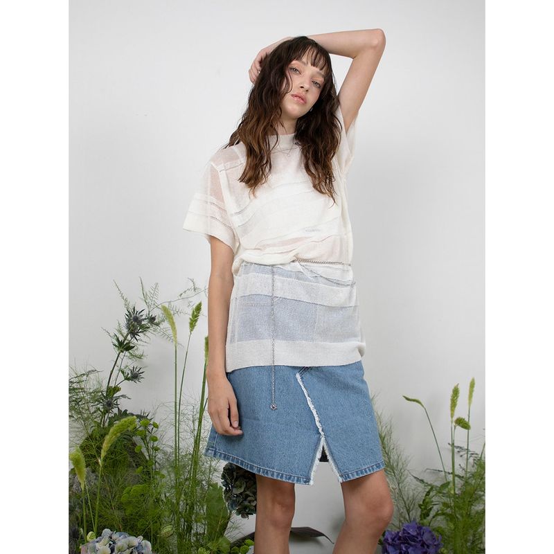 LINEN STRIPE KNIT TOP - WHITE
