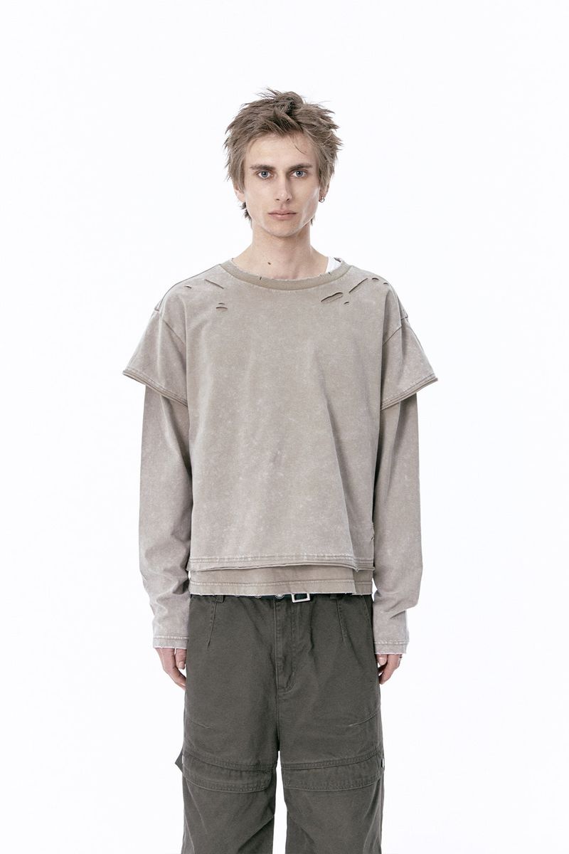 ETCE（イーティーシーイー）の「DAMAGE LAYERED L/S TEE (BEIGE)（Tops）」