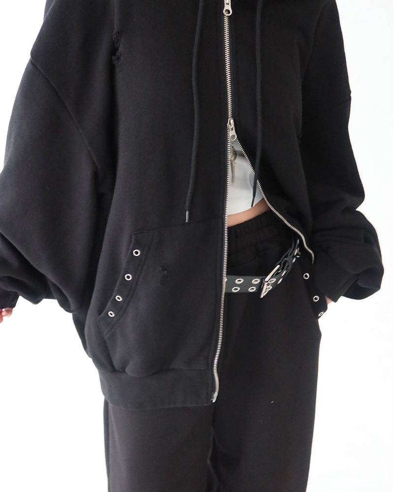 Punching Eyelet Damage Oversized-Fit Hooded Zip-Up