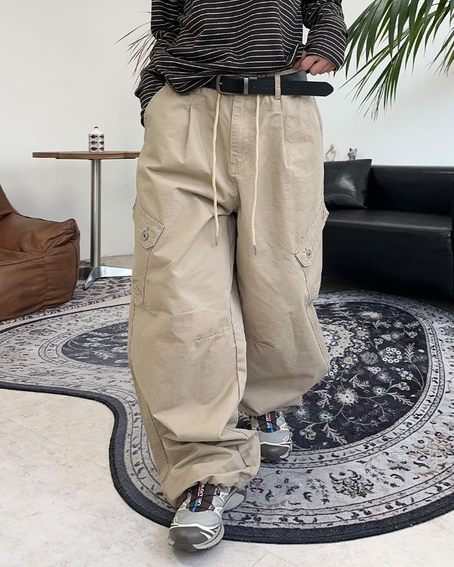 Defun diagonal cargo cotton pants