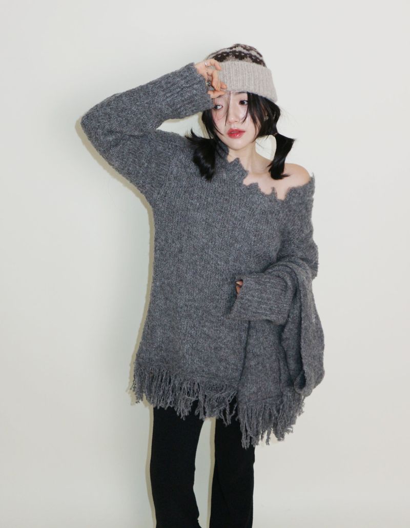 Puddle Demoor Tester Damage Long-Sleeved Knitwear Dress (Muffler Set)