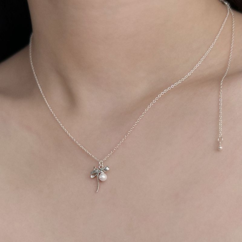 Silver 925 Ribbon & Pearl Necklace