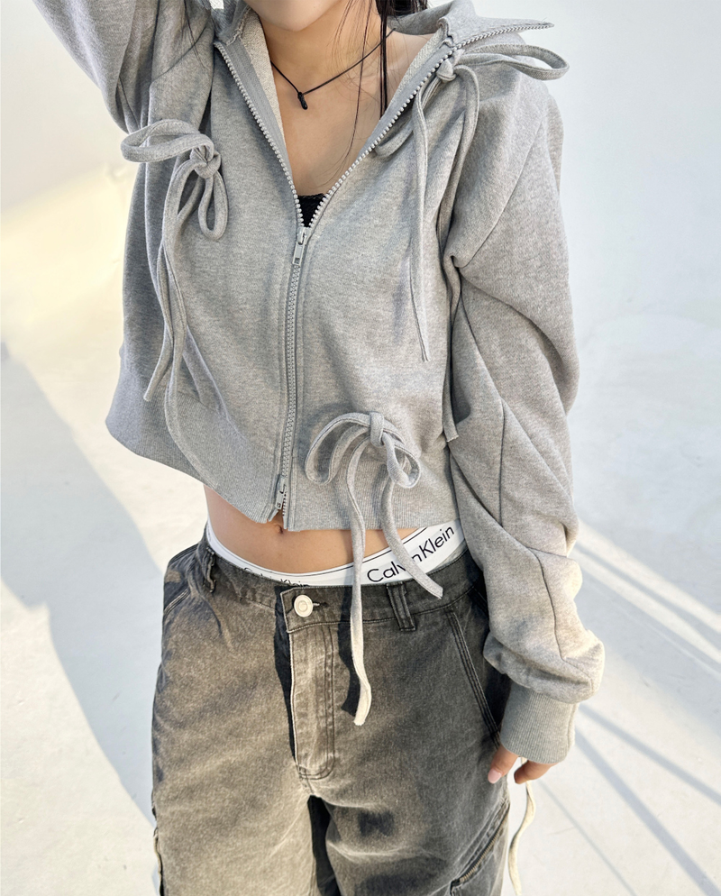 BOW HIGH-NECK HOOD ZIP-UP🖤🩶 - 2 COLORS