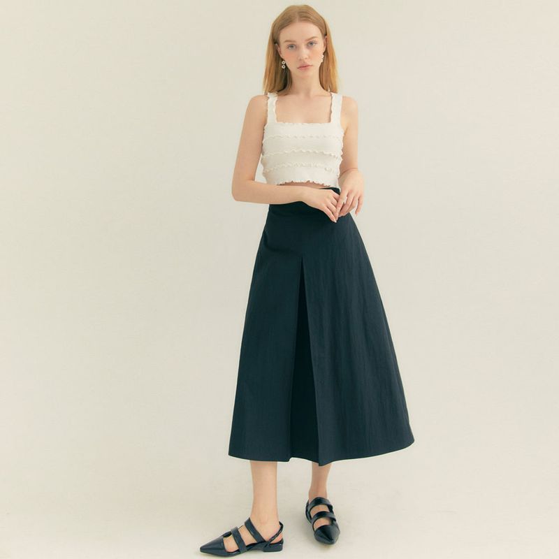 Cotton Pleats A-Line Long Skirt (Black)
