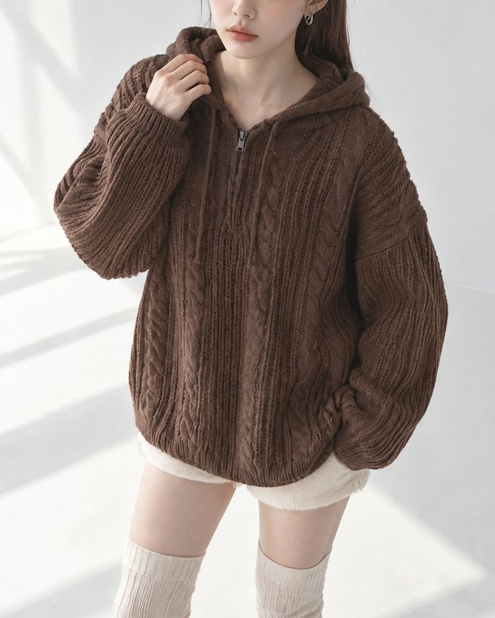 (UNISEX) Follow Half Zip Cable Knit Hoodie